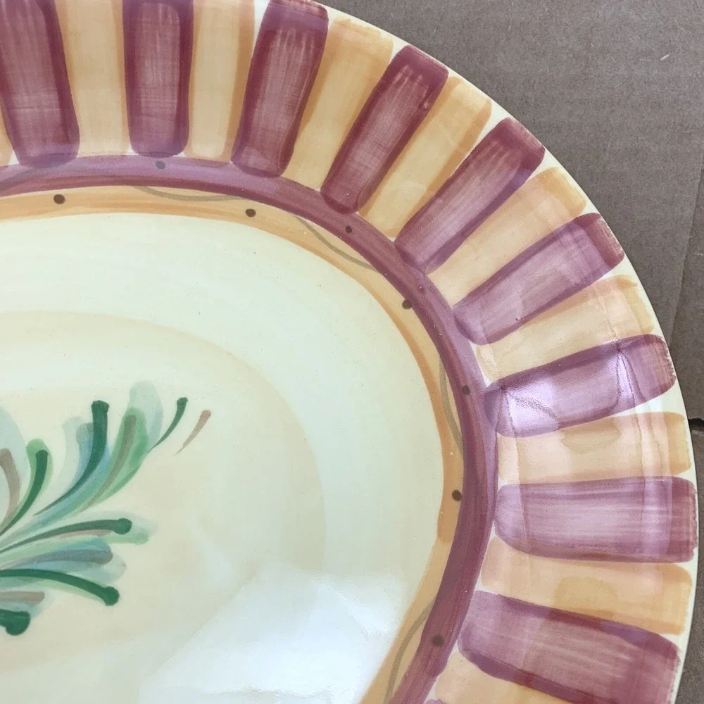 Gail Pittman Hand Painted Ceramic Oval Serving Platter Floral Striped Burgundy